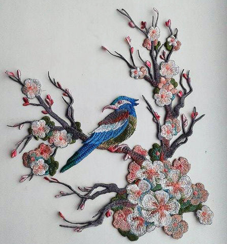 Moks22(p) blossoming cherry bird branch Embroidery Patch