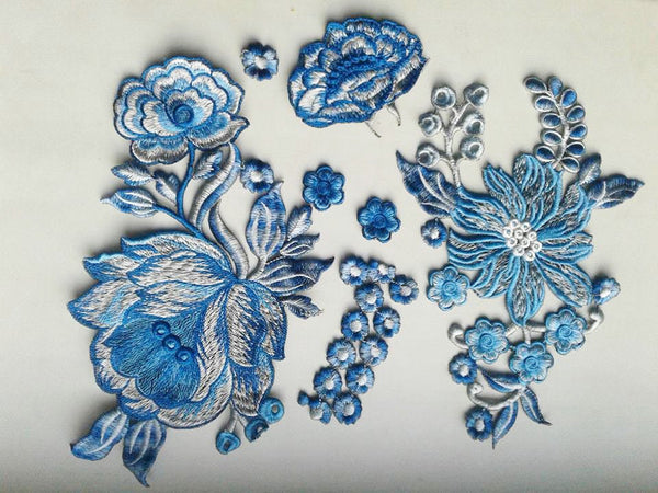 Moks103(p) Set Fantasy blue Flowers Embroidery Patch, Designer patch, Sew on patch, Large patch