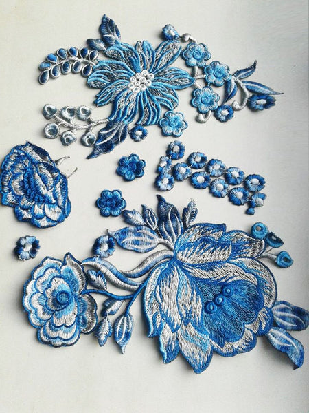 Moks103(p) Set Fantasy blue Flowers Embroidery Patch, Designer patch, Sew on patch, Large patch