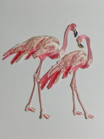 Moks124(p) set of two birds pink flamingos embroidered patches