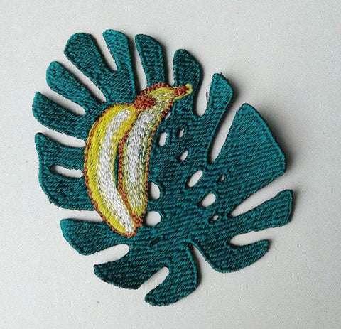 Moks127(p) sleeping bananas on a tropical leaf embroidered patch, sew on patch, plants fruits patch