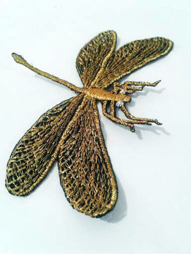 Moks150(p) dragonfly embroidered patch steampunk gold metallic lurex