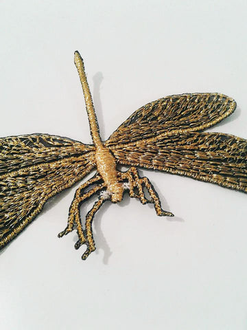 Moks150(p) dragonfly embroidered patch steampunk gold metallic lurex