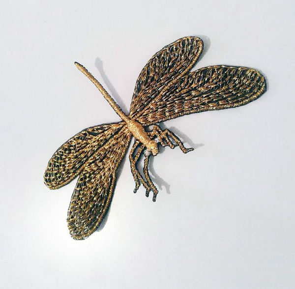 Moks150(p) dragonfly embroidered patch steampunk gold metallic lurex