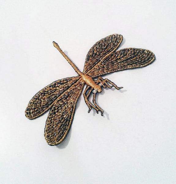 Moks150(p) dragonfly embroidered patch steampunk gold metallic lurex