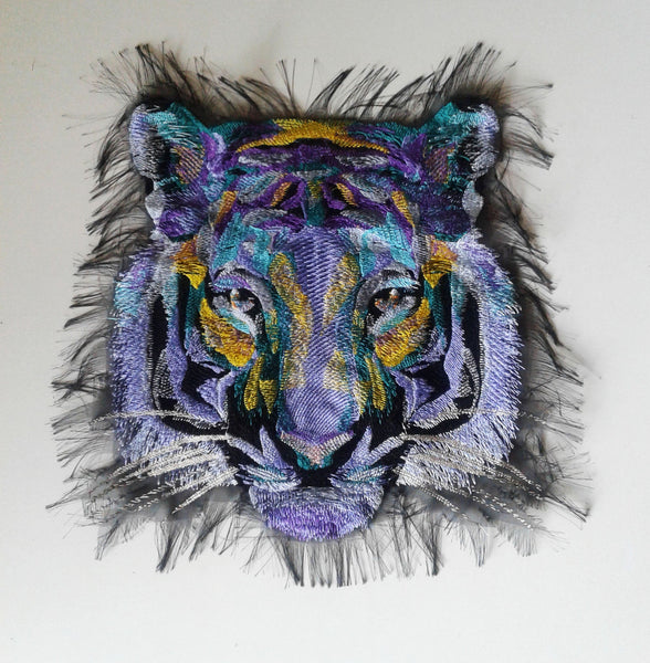 Moks236(p) Large lilac Tiger Embroidered patch, Designer patch, Animal patch, Sew on patch