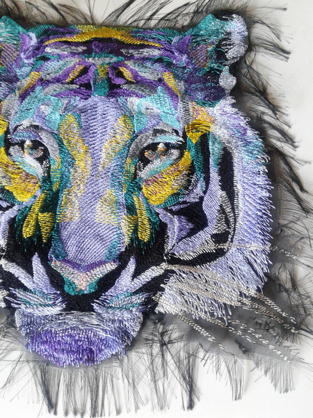 Moks236(p) Large lilac Tiger Embroidered patch, Designer patch, Animal patch, Sew on patch