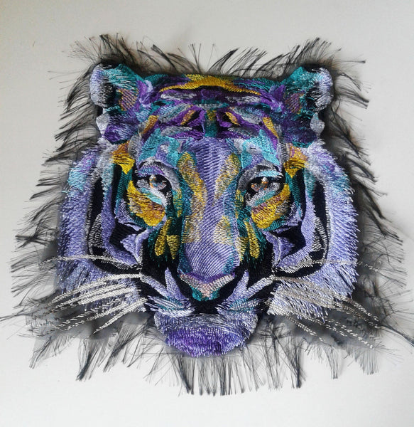 Moks236(p) Large lilac Tiger Embroidered patch, Designer patch, Animal patch, Sew on patch