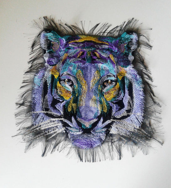 Moks236(p) Large lilac Tiger Embroidered patch, Designer patch, Animal patch, Sew on patch