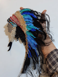 Moks275(p) war bonnet Native American Headdress patch, embroidered patch blue feathers