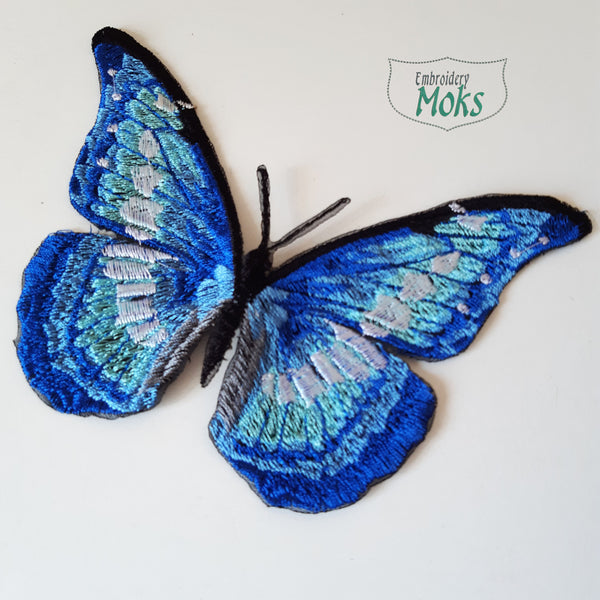 Moks354(p) Embroidered patch Blue butterfly, Morpho helena