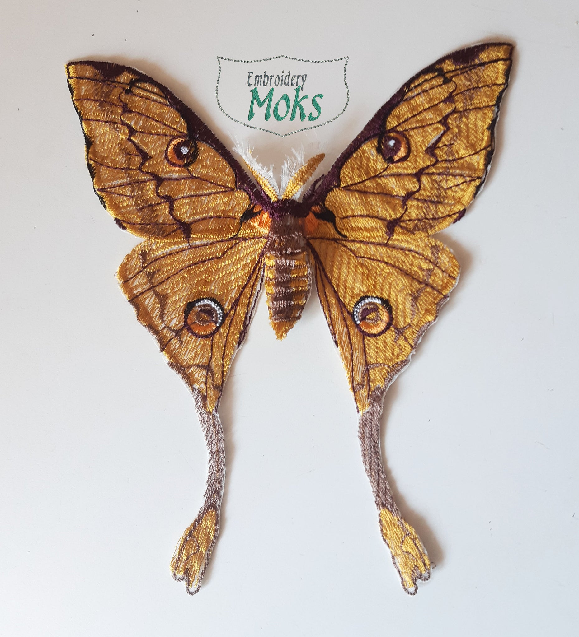 Moks(p)343 designer patch, moth embroidered patch Argema Kuhnei