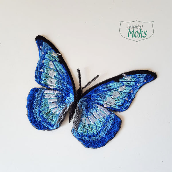 Moks354(p) Embroidered patch Blue butterfly, Morpho helena