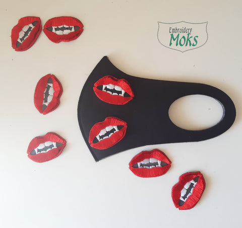 Moks369(p) Set 8 pc Embroidery Lips Patches, Vampire lips and teeth, Lips patches for masks